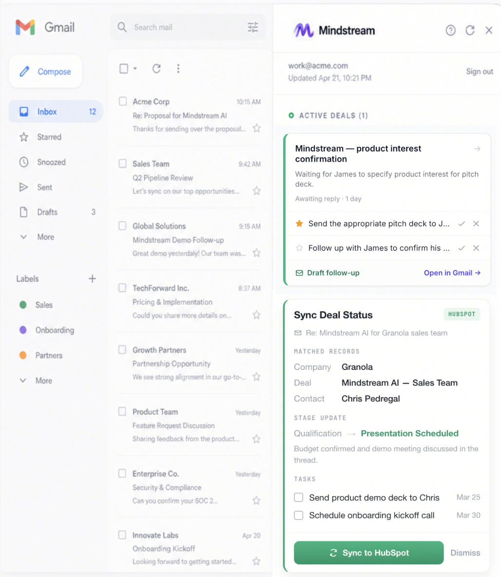 Mindstream running inside Gmail — inbox, Account Brief, and CRM Sync